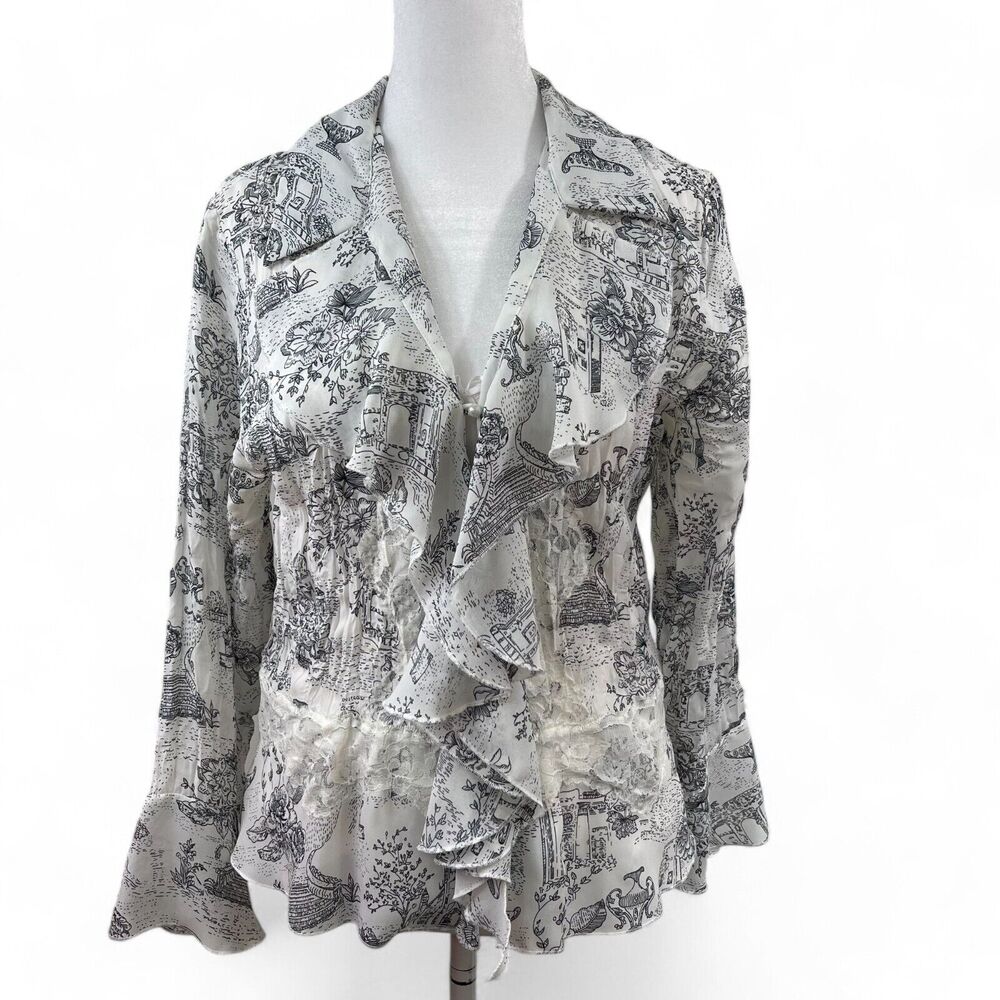 VTG Black & White Blouse Ruffles Lace Secretary Romantic Coquette Office Fairy